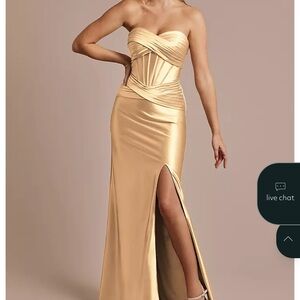 David's Bridal Gold Strapless Maxi Dress